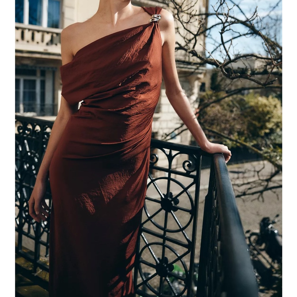 Zara One-Shoulder Rust Dress - Picture 2 of 6